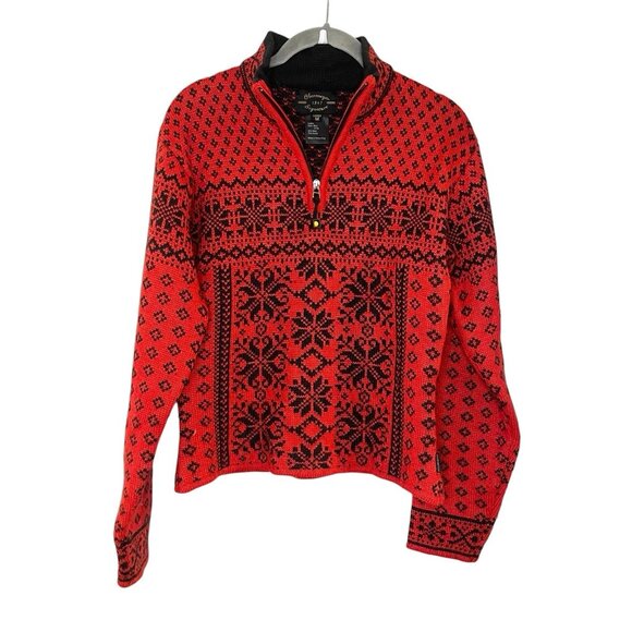 Obermeyer 1/4 Zip Wool Fair Isle VTG Nordic Snowflake Ski Mimi Sweater Red M - Picture 1 of 7